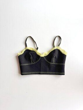 OPENING CEREMONY Black Pinstripe Jersey Lace Trim Cropped Bustier Top, Size S